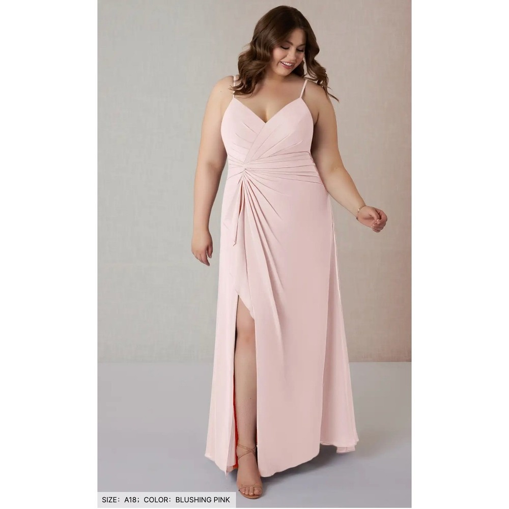 Azazie Emerald Blushing Pink Chiffon Bridesmaid Dress Maxi Slit V-Neck A20